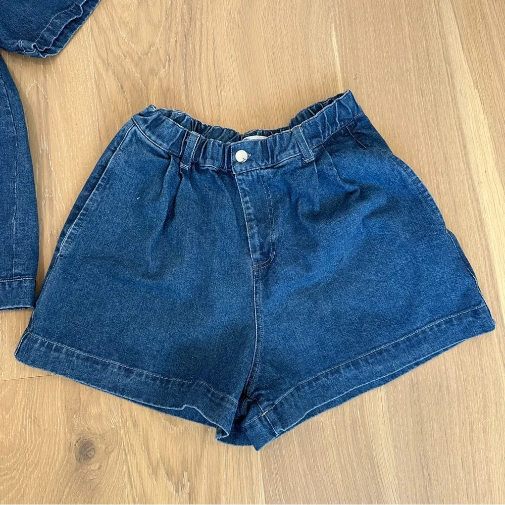 The Bronze Snake Delaney Denim Set Dark Blue Short Sleeve Jean Top Shorts Coord - Picture 12 of 14